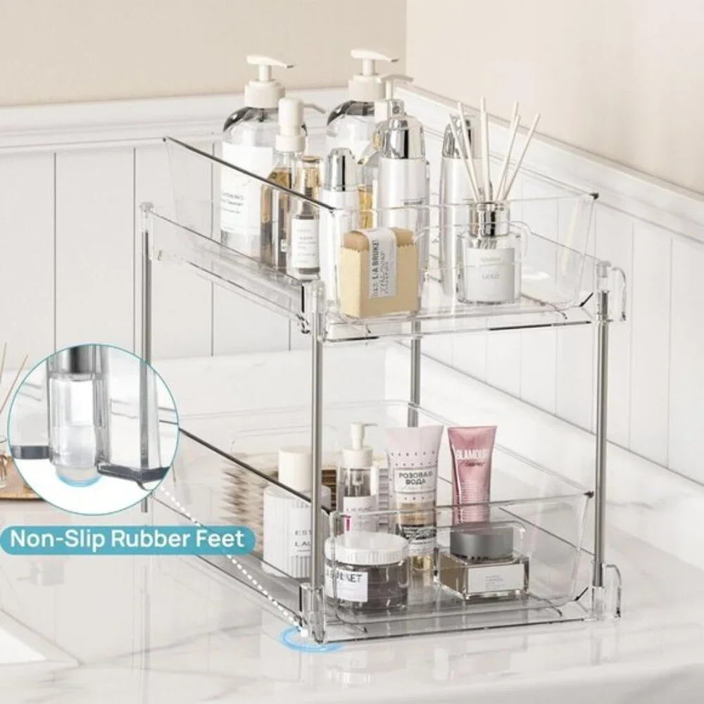 New 4-Pack 2-Tier Bathroom Organizer, Clear Under Sink & Cabinet Storage Bins